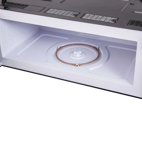 Inside view of Forno Padula 30-Inch Over-the-Range Microwave with door open, featuring spacious 1.2 cu.ft. interior and turntable.