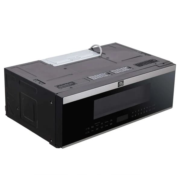 Alternate right angled view of Forno Padula 30-Inch Over-the-Range Microwave with door closed, featuring stainless steel finish and sleek design.