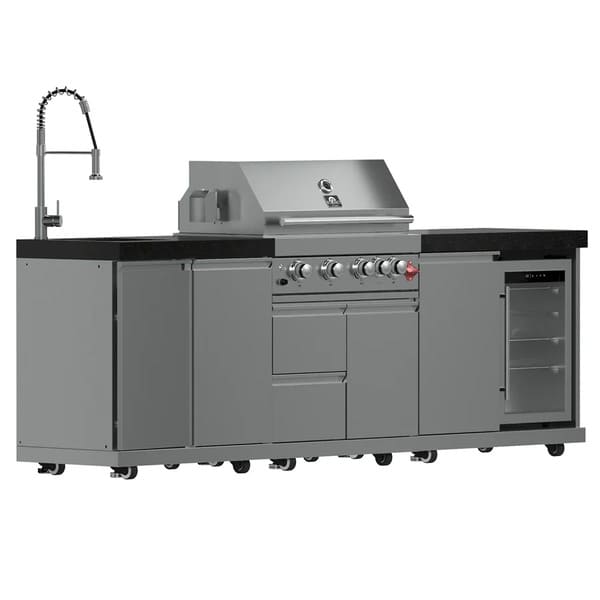 FORNO Bulnes Outdoor Kitchen 30-Inch BBQ 60,000 BTU, with Sear, Rotisserie Infrared Burners, 1.8 Cu.Ft. Beverage Center, & Black/White Countertops