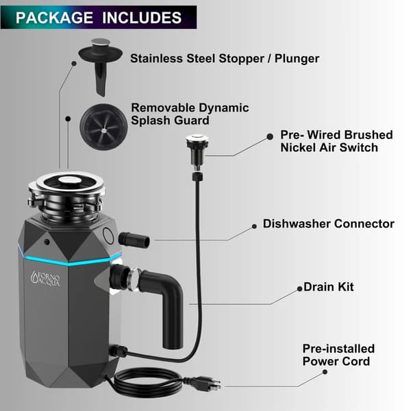 FORNO Acqua BrightDiamond 3/4HP Super Quiet Garbage Disposal Corded with Motion Sensor Cabinet Light & Pre-Wired Air Switch