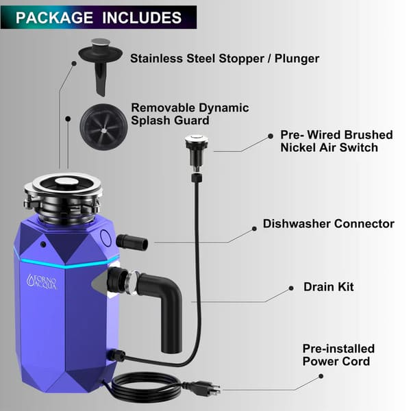FORNO Acqua BrightDiamond 3/4HP Super Quiet Garbage Disposal Corded with Motion Sensor Cabinet Light & Pre-Wired Air Switch