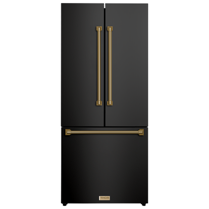 Gordon Ramsay by THOR Kitchen 30" 17.5 cu. ft. French Door Counter Depth Refrigerator with Ice Maker in Matte Black with Stainless Steel Accents, RF3017FFD00