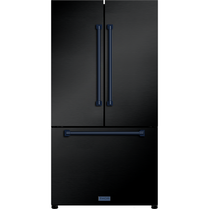 Gordon Ramsay by THOR Kitchen 36" 20.3 cu. ft. French Door Counter Depth Refrigerator with Ice Maker in Matte Black with Navy Blue Accents, RF3621CTD00