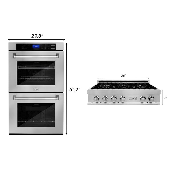 ZLINE Kitchen Package with 36" Stainless Steel Rangetop and 30" Double Wall Oven (2KP-RTAWD36)