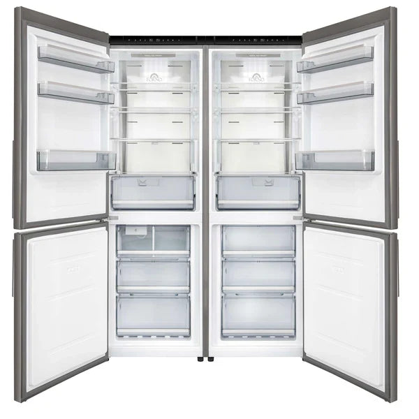Forno Custodia 48 inch refrigerator combo with both doors open showing shelves and freezer drawers