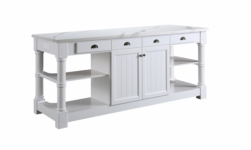 Design Element Monterey 80 In. Kitchen Island - White Quartz Countertop- White KD-03-80-W-ST