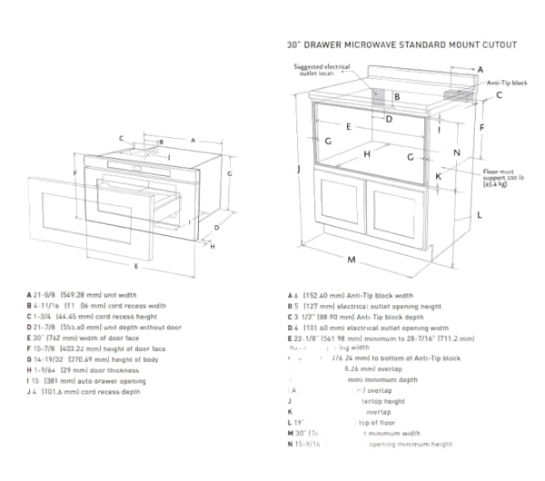 Technical diagram of a 30-inch drawer microwave standard mount cutout with dimensions and labels.