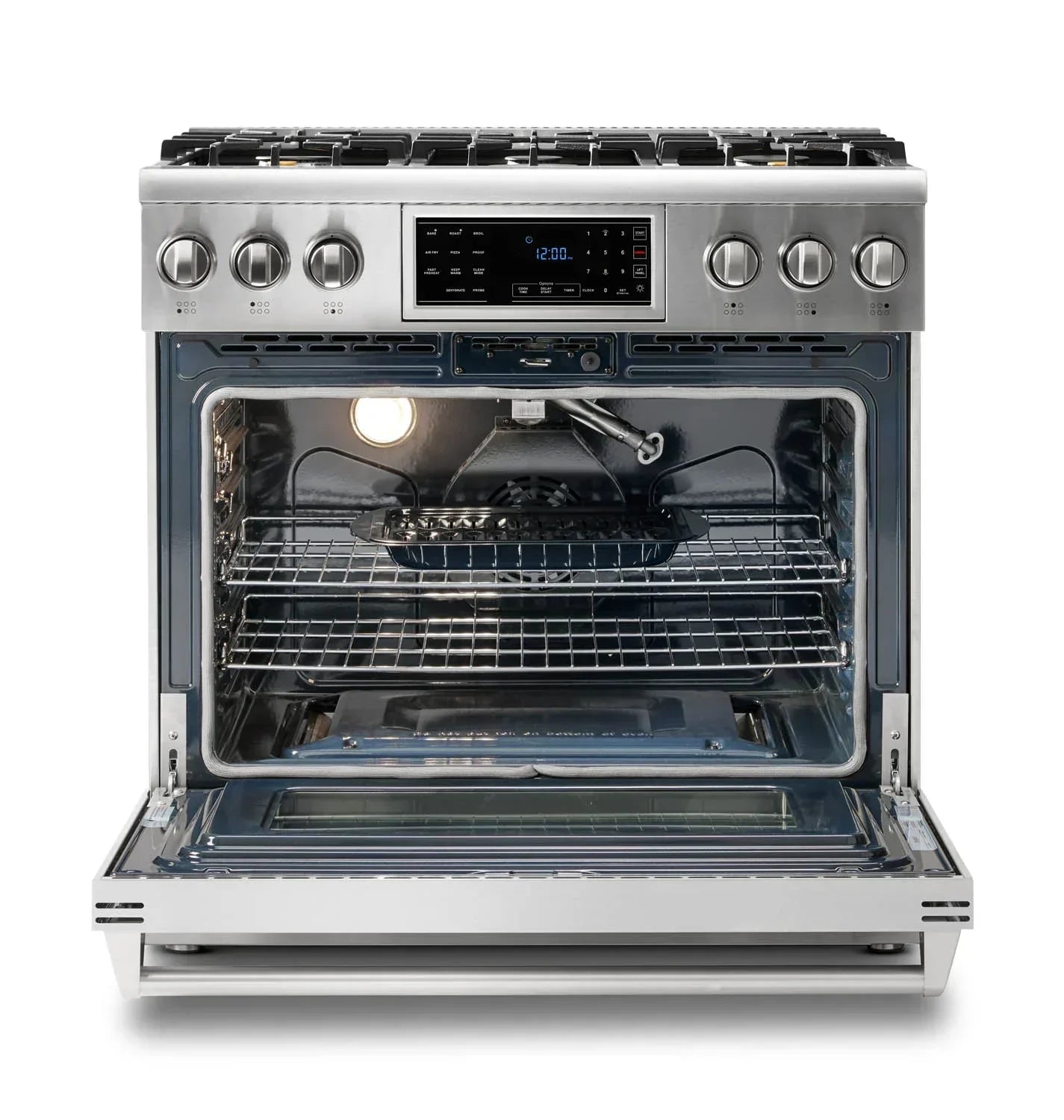 Thor Kitchen 5-Piece Appliance Package - 36-Inch Gas Range with Tilt Panel, Refrigerator with Water Dispenser, Wall Mount Hood, Dishwasher, & Microwave Drawer in Stainless Steel