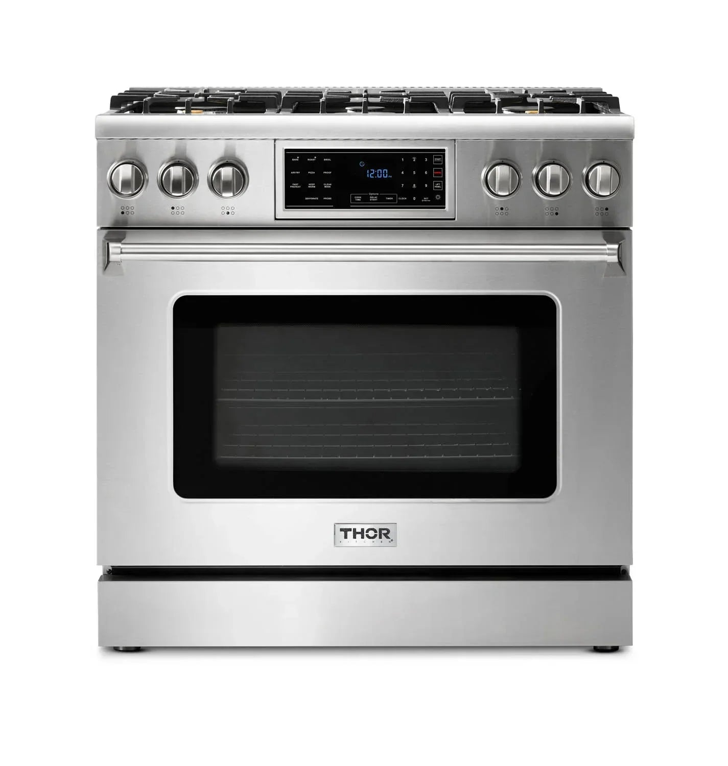 Thor Kitchen 5-Piece Appliance Package - 36-Inch Gas Range with Tilt Panel, Refrigerator with Water Dispenser, Wall Mount Hood, Dishwasher, & Microwave Drawer in Stainless Steel