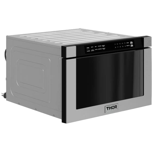 Stainless steel microwave oven with black display, featuring the Thor brand.
