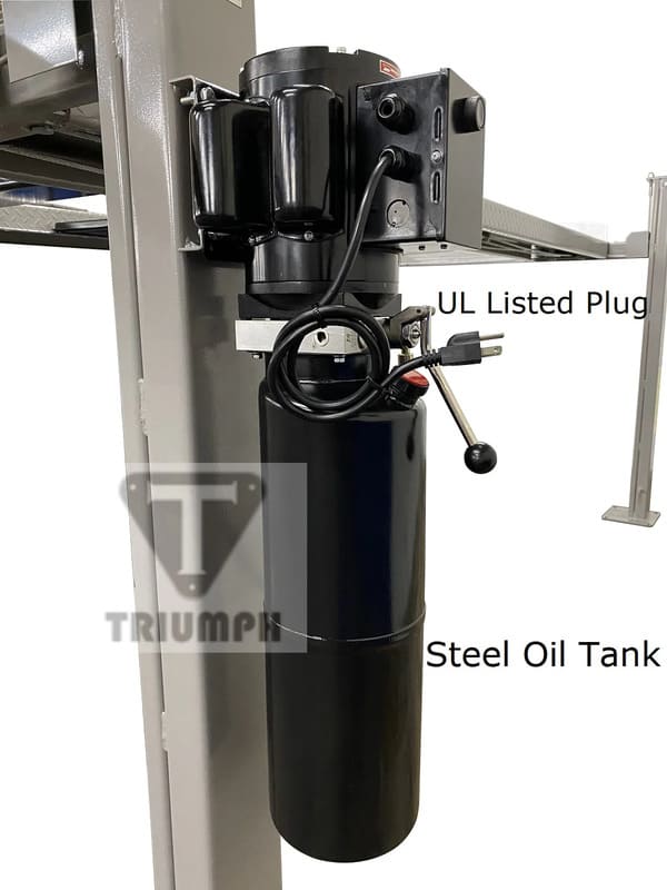 Triumph NSS-8 Classic lift close-up of steel oil tank and hydraulic system
