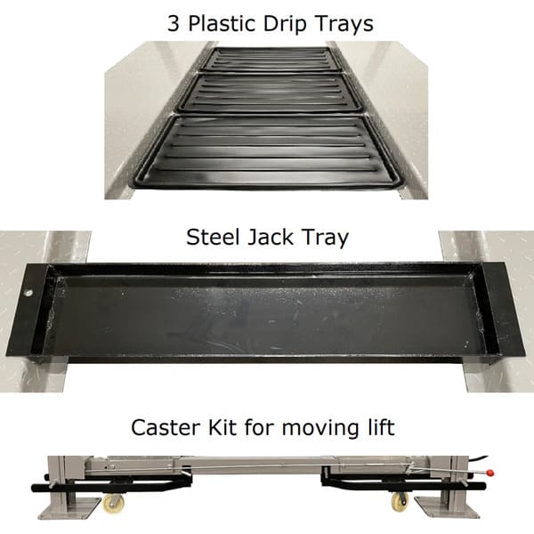 Triumph NSS-8 four post automotive lift accessories including caster kit, jack tray, and drip trays displayed

