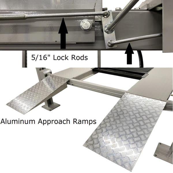 Close-up of the Triumph NSS-8 four post automotive lift ramps and locking mechanism showing safety features

