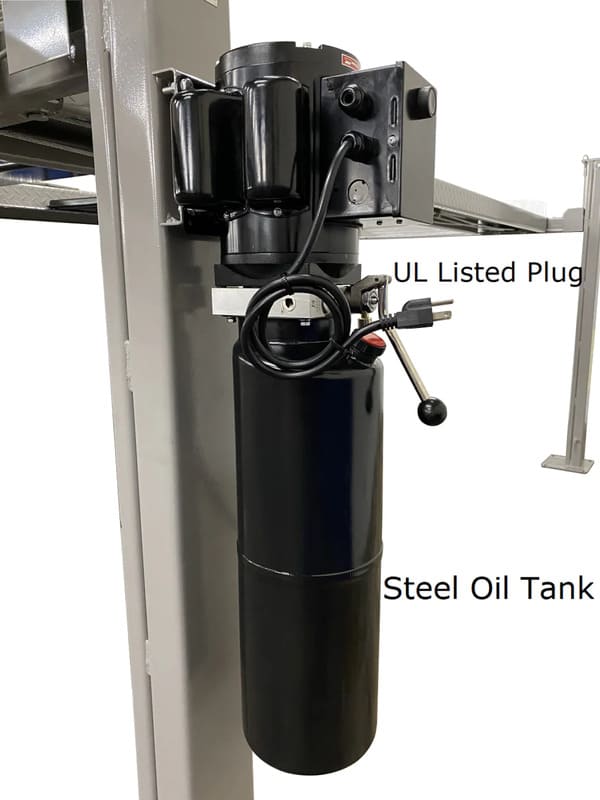 Triumph NSS-8 four post automotive lift showing the steel oil tank positioned beneath the runway