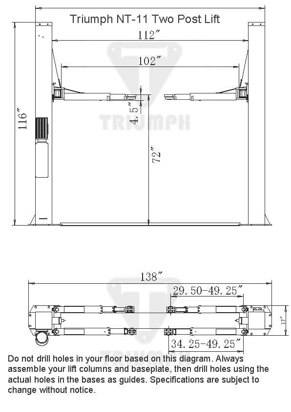Triumph NT-11 11,000 lb Two Post Auto Lift Overall Dimensions Diagram Showing Height, Width, and Clearance Measurements