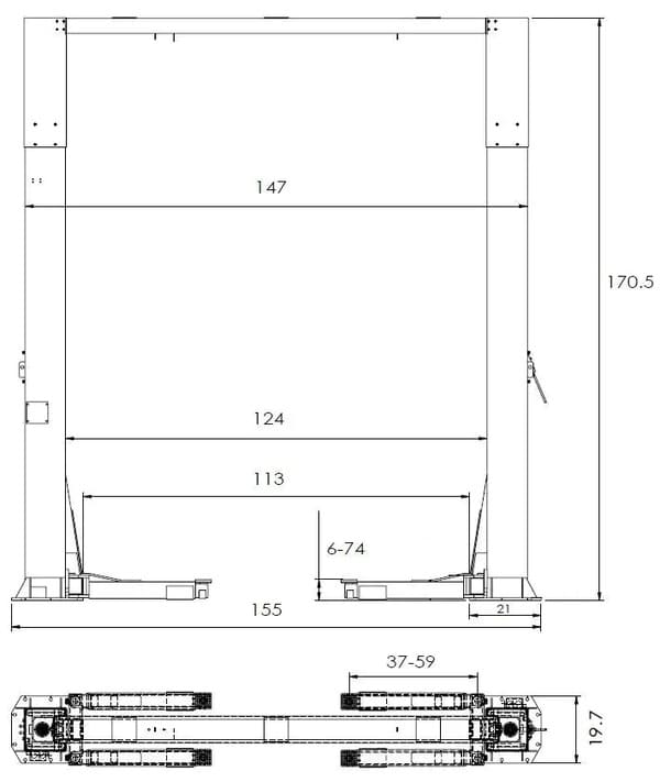 Specification drawing of Triumph NTO-20S 20,000 lb heavy duty two post auto lift with dimensions