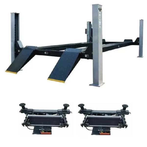 Triumph NTR-32 four post lift combo with two RJ-15 rolling bridge jacks, built for heavy trucks, buses, and fleet service.