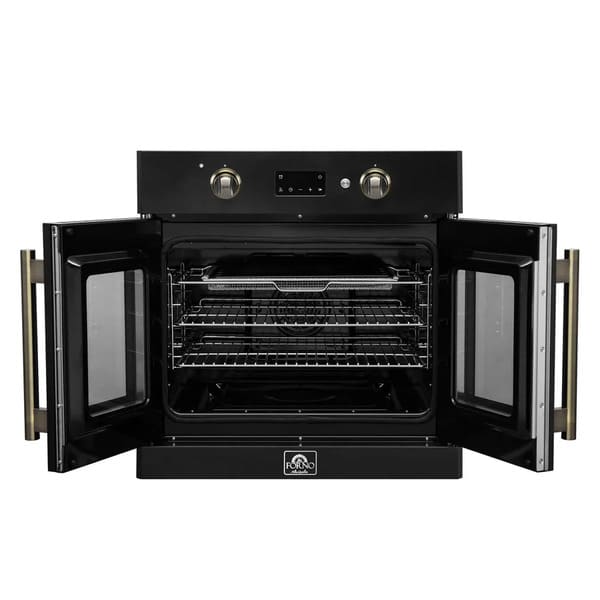 FORNO Asti 30-Inch French Door Electric Wall Oven in Black/White with Antique Brass Trim