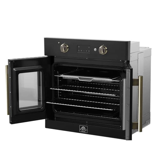 FORNO Asti 30-Inch French Door Electric Wall Oven in Black/White with Antique Brass Trim