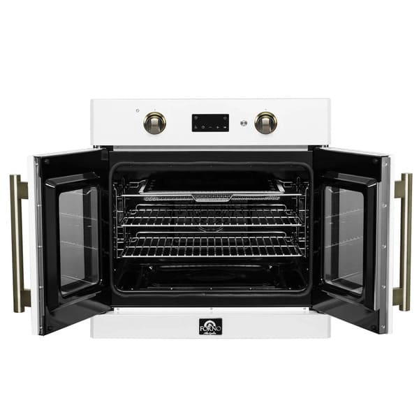 FORNO Asti 30-Inch French Door Electric Wall Oven in Black/White with Antique Brass Trim