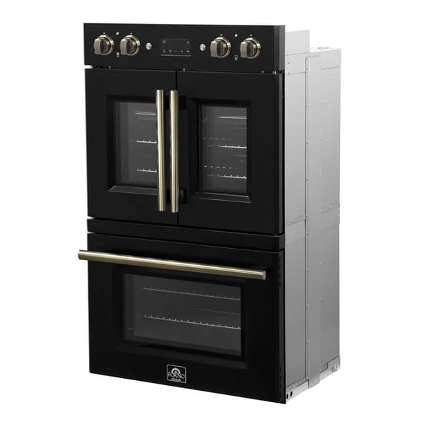 FORNO Asti 30-Inch Double Electric Wall Oven with Upper French Doors in Black/White with Antique Brass Trim
