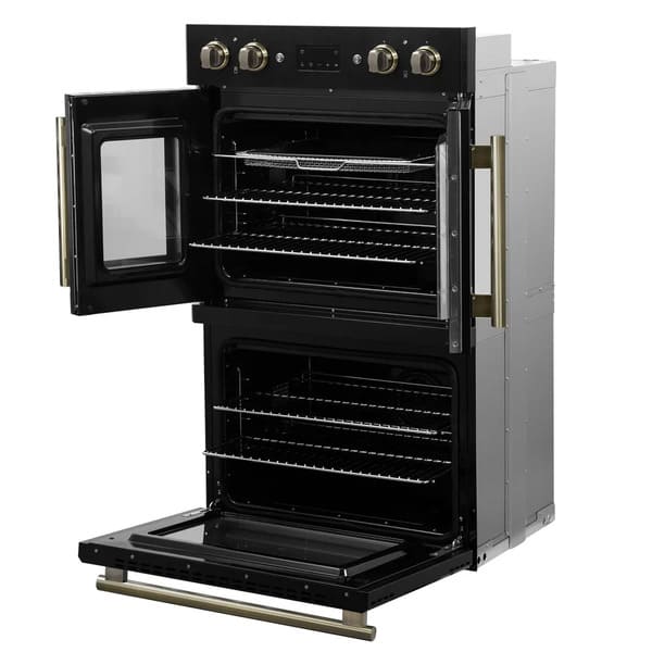FORNO Asti 30-Inch Double Electric Wall Oven with Upper French Doors in Black/White with Antique Brass Trim