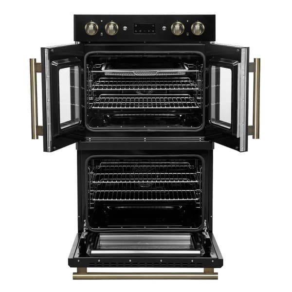 FORNO Asti 30-Inch Double Electric Wall Oven with Upper French Doors in Black/White with Antique Brass Trim