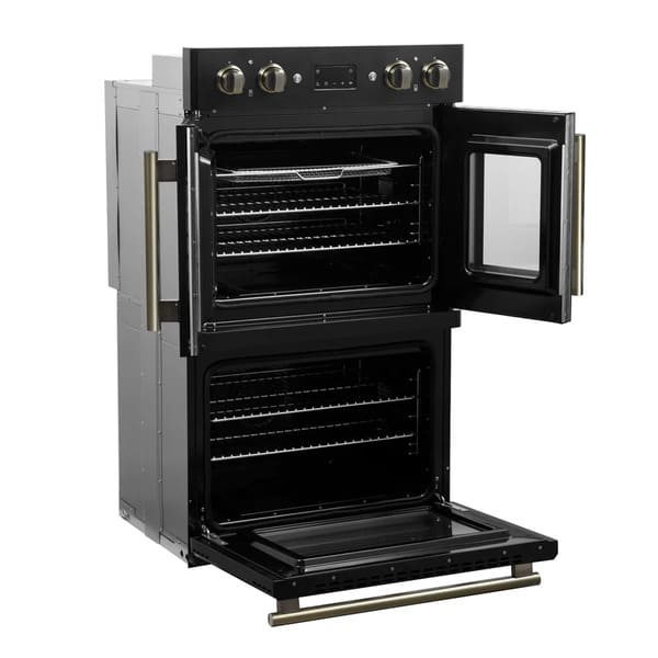 FORNO Asti 30-Inch Double Electric Wall Oven with Upper French Doors in Black/White with Antique Brass Trim