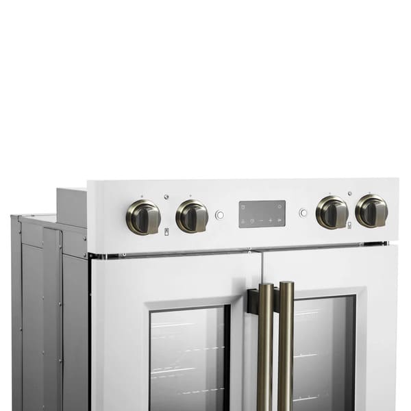FORNO Asti 30-Inch Double Electric Wall Oven with Upper French Doors in Black/White with Antique Brass Trim