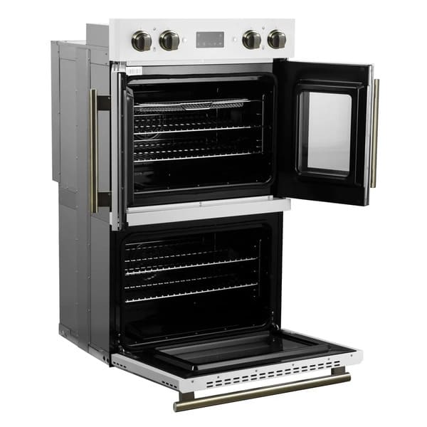 FORNO Asti 30-Inch Double Electric Wall Oven with Upper French Doors in Black/White with Antique Brass Trim