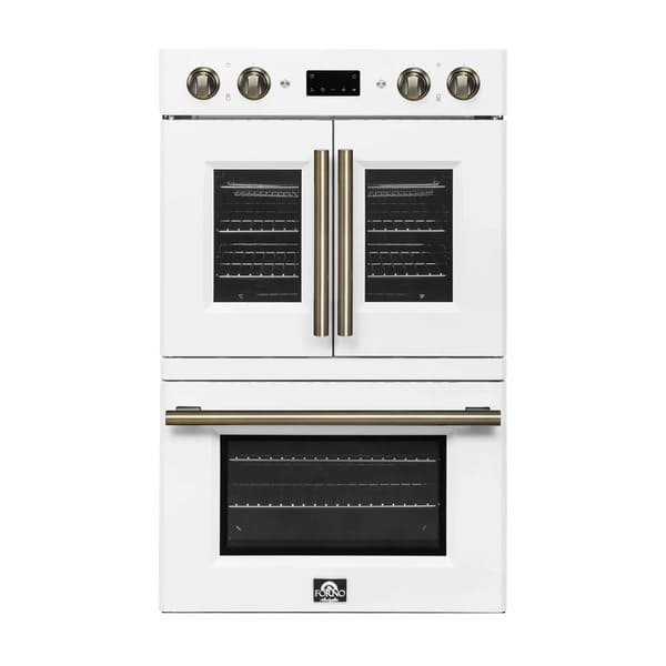 FORNO Asti 30-Inch Double Electric Wall Oven with Upper French Doors in Black/White with Antique Brass Trim