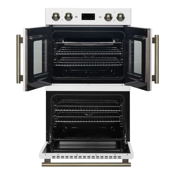 FORNO Asti 30-Inch Double Electric Wall Oven with Upper French Doors in Black/White with Antique Brass Trim