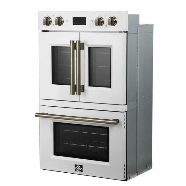 FORNO Asti 30-Inch Double Electric Wall Oven with Upper French Doors in Black/White with Antique Brass Trim