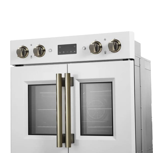 FORNO Asti 30-Inch Double Electric Wall Oven with Upper French Doors in Black/White with Antique Brass Trim