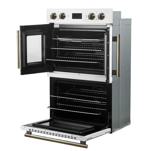 FORNO Asti 30-Inch Double Electric Wall Oven with Upper French Doors in Black/White with Antique Brass Trim