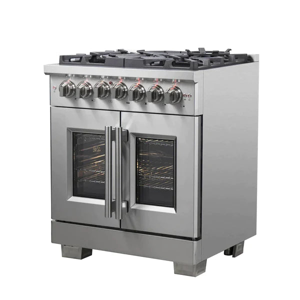 FORNO 30-Inch Capriasca Dual Fuel Range with 5 Gas Burners, 100,000 BTUs, and French Door Electric Oven in Stainless Steel - FFSGS6387-30