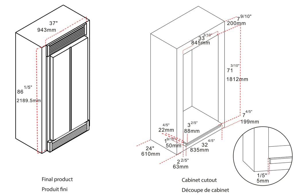 FORNO Salerno 33" Side by Side Built-in Refrigerator 15.6 cu.ft in Stainless Steel with Built-in Style Grille Trim Kit - FFRBI1805-37SG