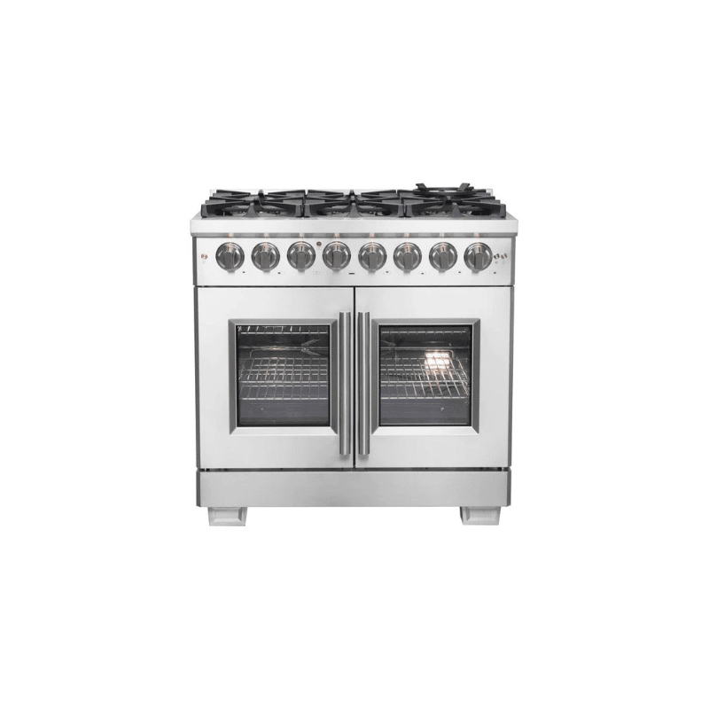 FORNO 36-Inch Capriasca Freestanding French Door Dual Fuel Range with 6 Gas Burners, 120,000 BTUs & Electric Oven in Stainless Steel - FFSGS6387-36