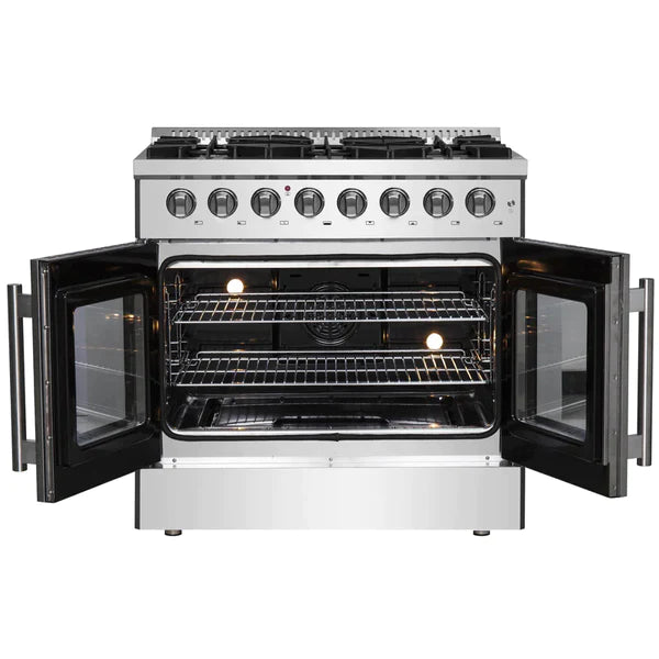 FORNO 36-Inch Galiano Dual Fuel Range with 6 Gas Burners, 83,000 BTUs, & French Door Electric Oven in Stainless Steel - FFSGS6356-36