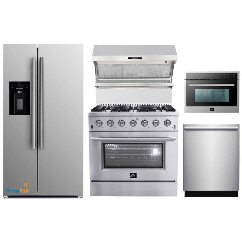 Forno 5-Piece Appliance Package - 36-Inch Gas Range, Refrigerator with Water Dispenser, Wall Mount Hood with Backsplash, Microwave Oven, & 3-Rack Dishwasher in Stainless Steel
