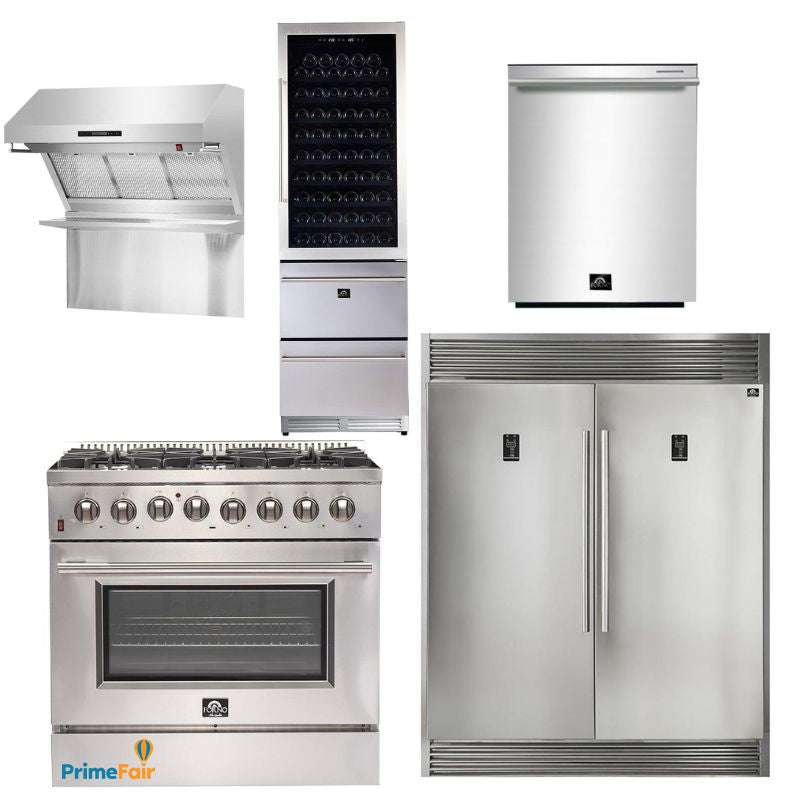 Forno Appliance Package - 36 Inch Gas Range, Wall Mount Range Hood, Refrigerator, Wine Cooler, Dishwasher, FWCDR-FFSGS6244-36