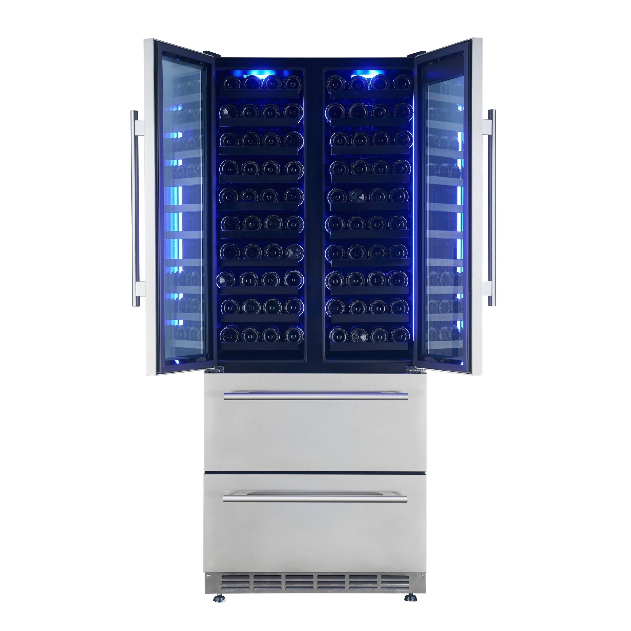 FORNO Campania 32" 120 Bottle Triple Zone French Door Wine Cooler with 2 Beverage Drawers, FWCDR6635-32S
