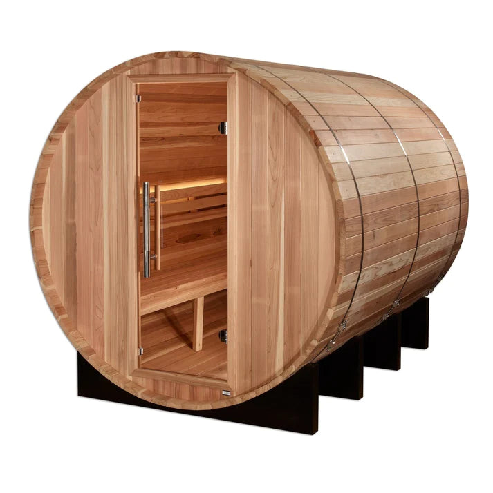 GOLDEN DESIGNS Outdoor Barrel Steam Sauna  6-Person "Klosters" Traditional Sauna with Red Cedar Wood - GDI-B006-01