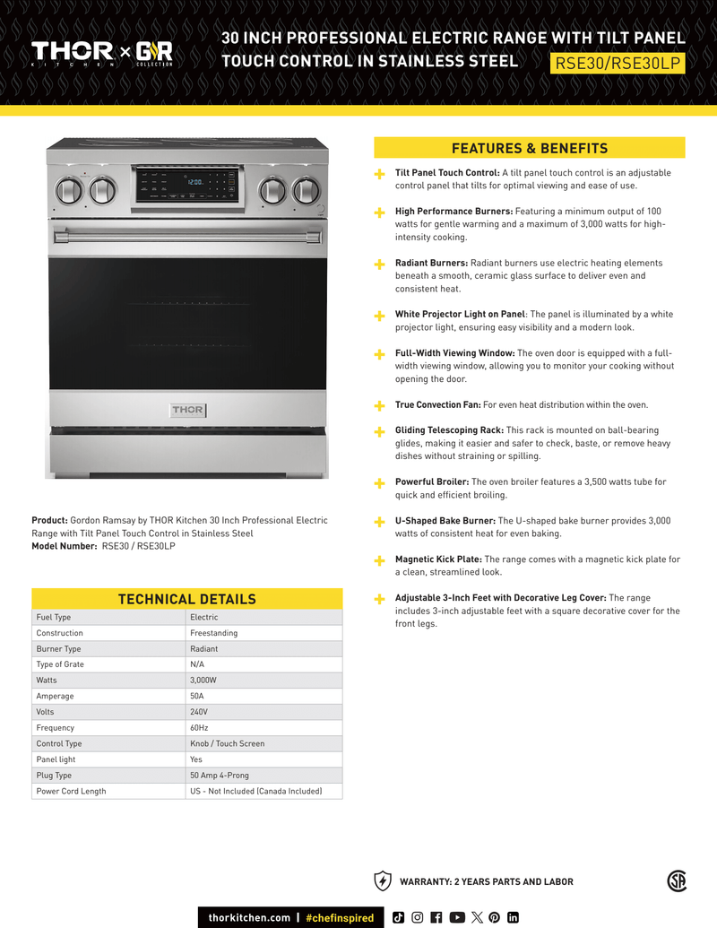 Gordon Ramsay by THOR Kitchen 30" 4.55 cu. ft. Professional Electric Range with Tilt Panel Touch Control, Self-Clean and Air Fry in Stainless Steel, RSE30