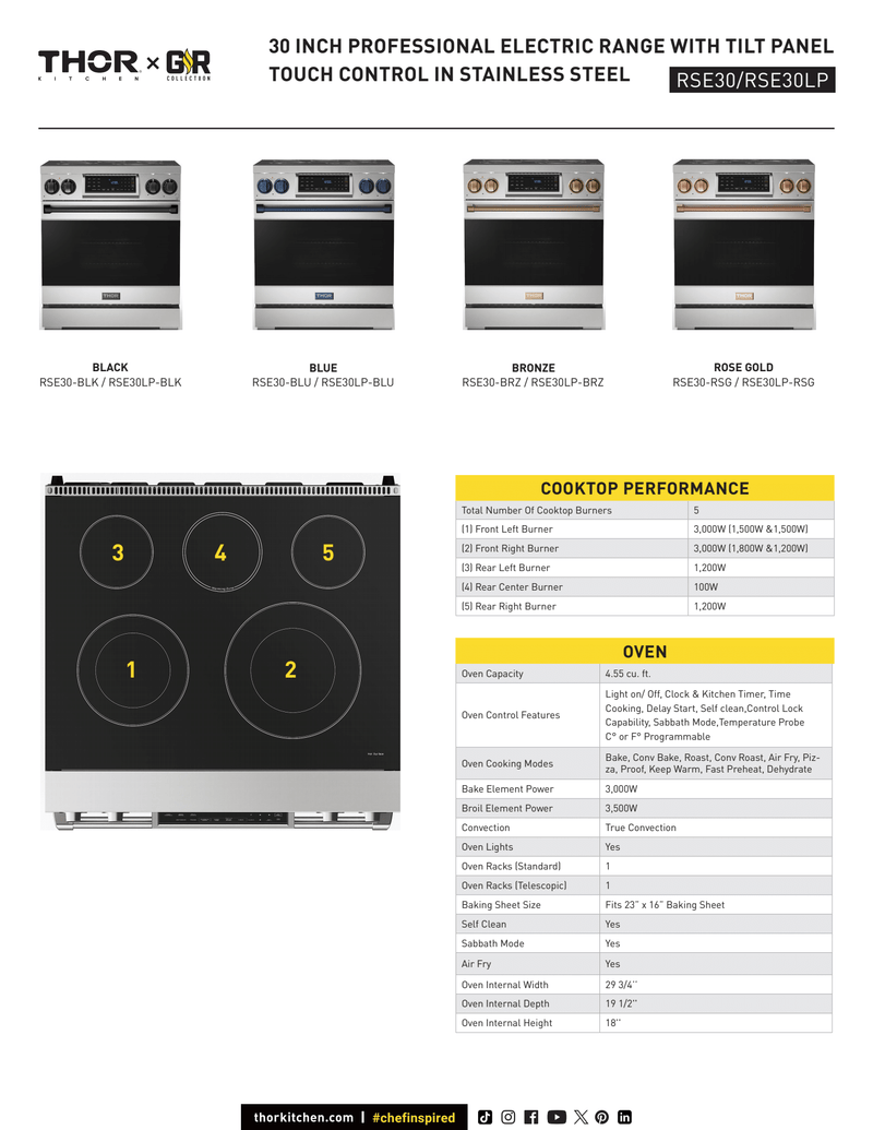 Gordon Ramsay by THOR Kitchen 30" 4.55 cu. ft. Professional Electric Range with Tilt Panel Touch Control, Self-Clean and Air Fry in Stainless Steel, RSE30