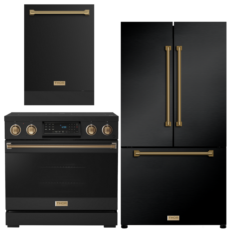 Gordon Ramsay by THOR Kitchen Package - 36" Electric Range, 36" Refrigerator with Ice Maker and Dishwasher in Stainless Steel with Black Accents, AP-RSE36B-2