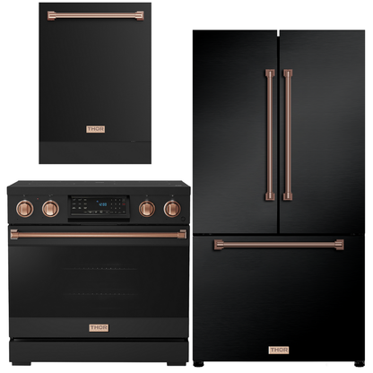 Gordon Ramsay by THOR Kitchen Package - 36" Electric Range, 36" Refrigerator with Ice Maker and Dishwasher in Stainless Steel with Black Accents, AP-RSE36B-2