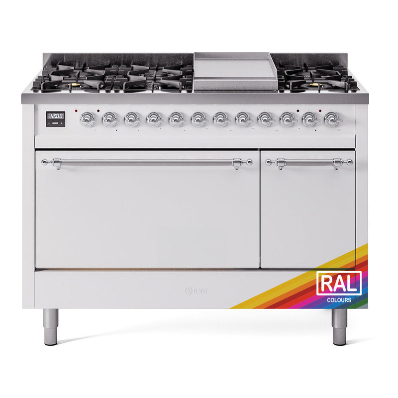 ILVE Nostalgie II 48" Dual Fuel Range with 8 Sealed Burners + Griddle Solid Door - UP48FQNMP