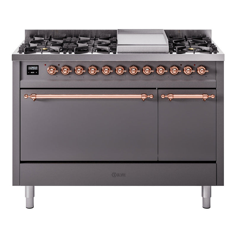 ILVE Nostalgie II 48" Dual Fuel Range with 8 Sealed Burners + Griddle Solid Door - UP48FQNMP