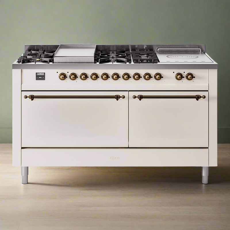 ILVE Nostalgie II 60" Dual Fuel Range with 7 Sealed Burners + Griddle + French Top Solid Door - UP60FSQNMP